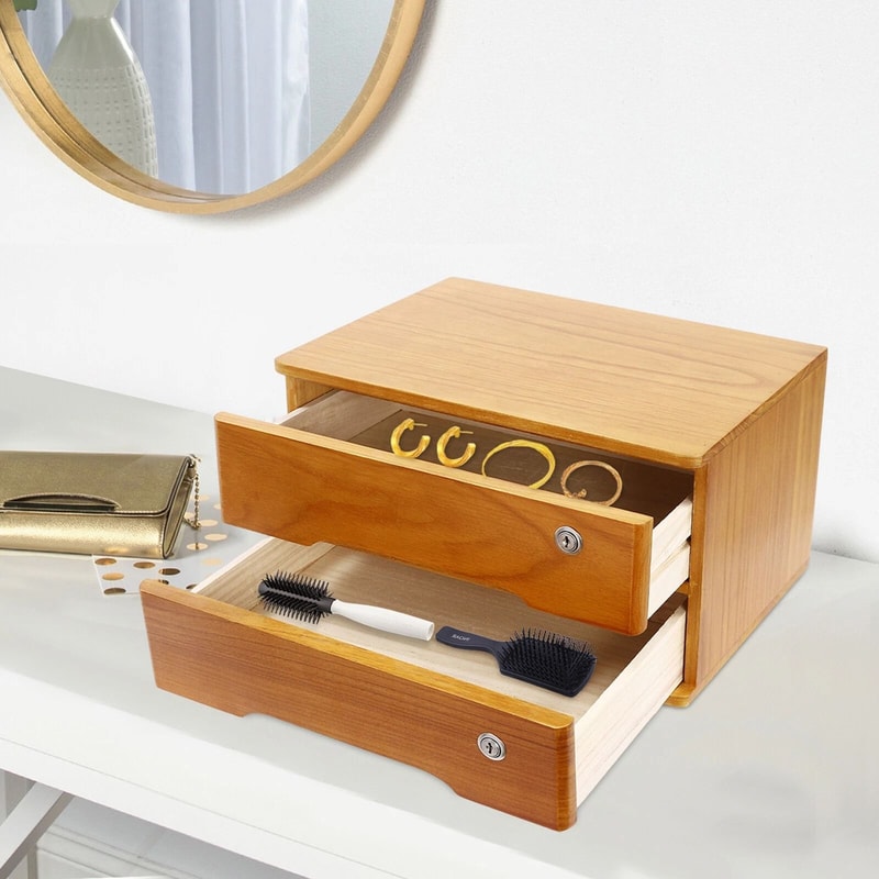 Lockable Tier Desk Organizer Wooden Desktop Storage Drawer For Home Office 0