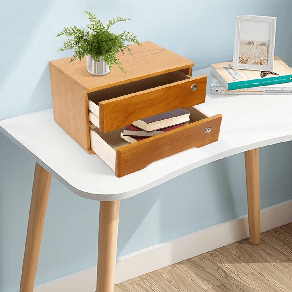 Lockable Tier Desk Organizer Wooden Desktop Storage Drawer For Home Office 2