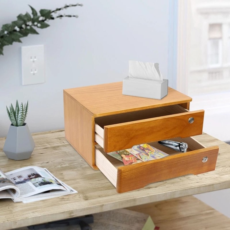 Lockable Tier Desk Organizer Wooden Desktop Storage Drawer For Home Office 6