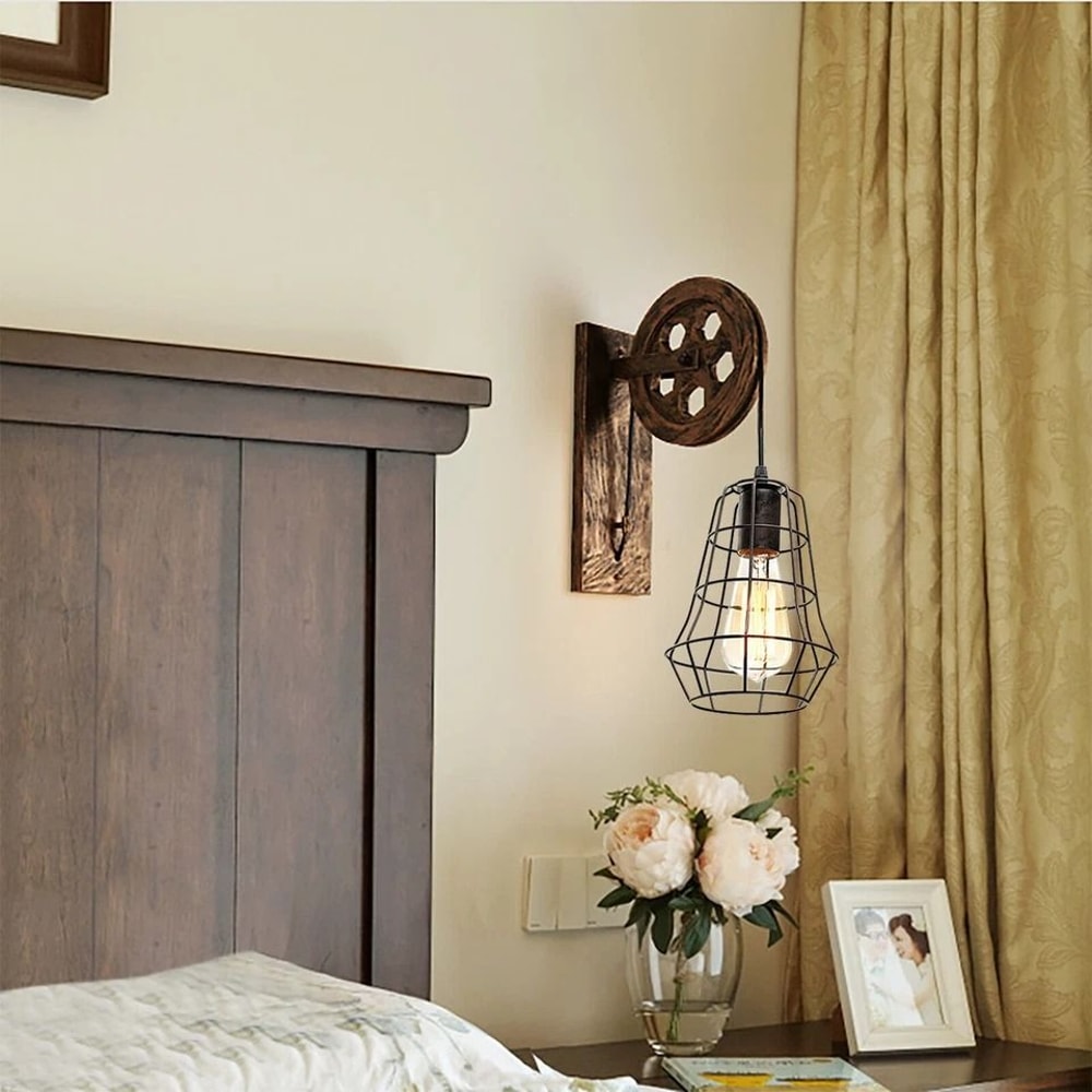 Rustic Pulley Wall Lamp Vintage Farmhouse Wall Sconce For Hallway Decor 2