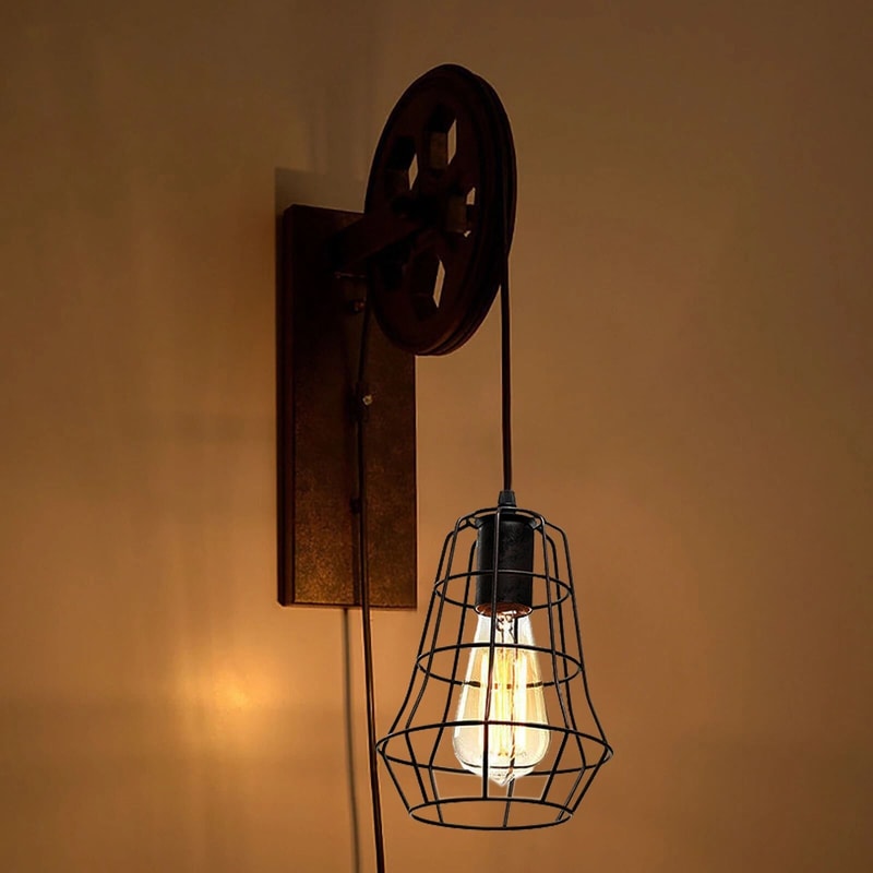 Rustic Pulley Wall Lamp Vintage Farmhouse Wall Sconce For Hallway Decor 4