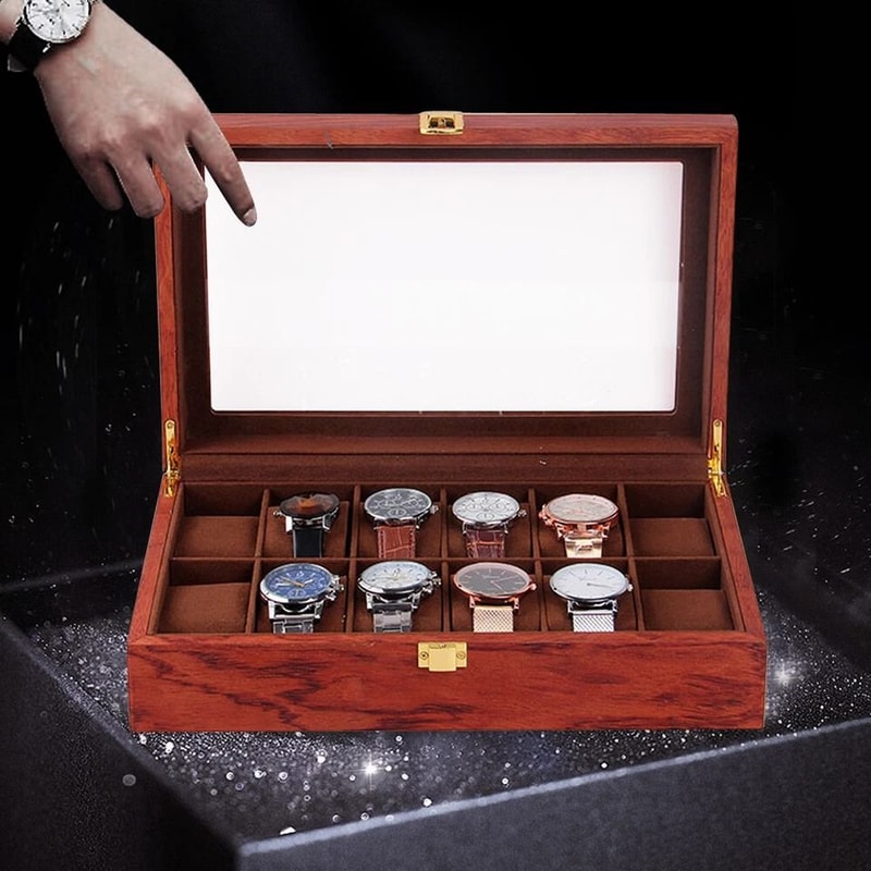 Slot Wooden Watch Box With Glass Top Display And Velvet Organizer 0