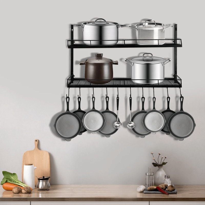 SpaceSaver Wall Mounted Pot Rack With Hooks For Pots Pans Kitchen Organization 0
