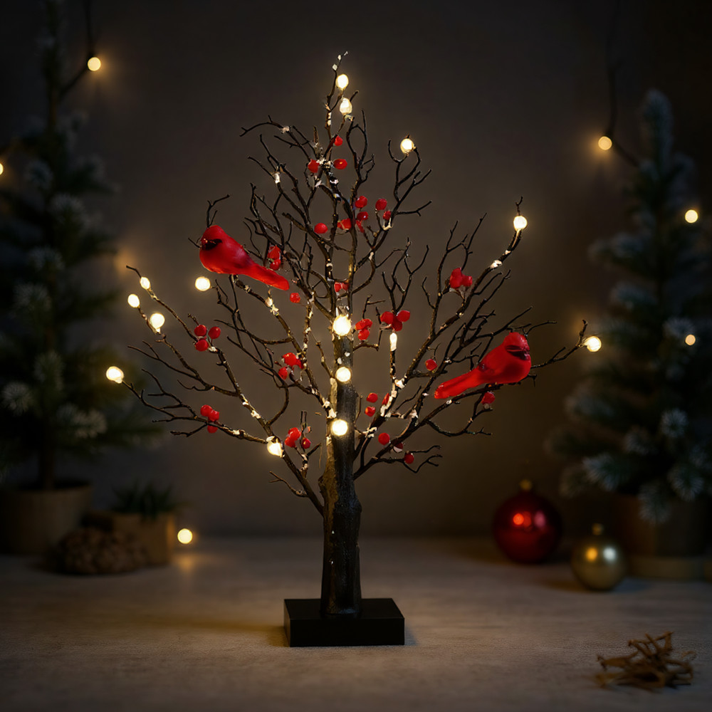 Vintage Glowing Tree Lighted Mini Birch Cardinals Table Decor Christmas Red Bird Tree Light Festiva 2