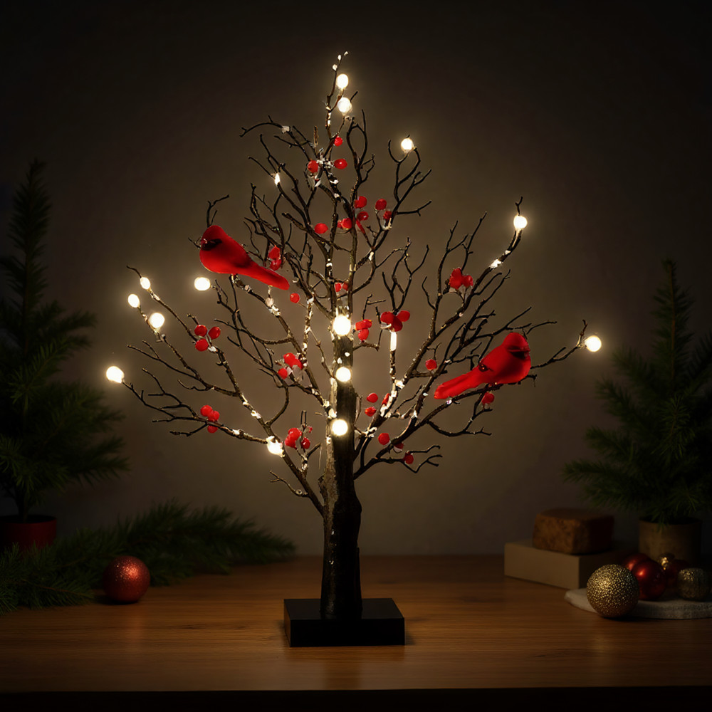 Vintage Glowing Tree Lighted Mini Birch Cardinals Table Decor Christmas Red Bird Tree Light Festiva 4