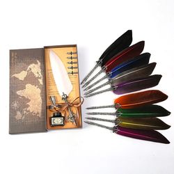 "Retro Writing Set: Vintage Calligraphy Feather Dip Fountain Pen Kit with Ink - Quill Pen, Creative Nostalgic Writing