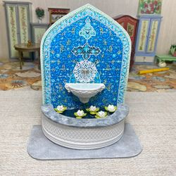 Wall fountain with lotuses. Dollhouse miniature. 1:12.