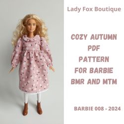 Fall dress pattern for Barbie BMR and MTM dolls.