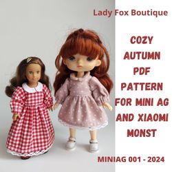 Fall dress pattern for mini American Girl and Xiaomi Monst dolls.