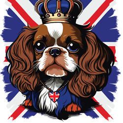 king charles coronation spaniel dog wearing a crown with union jack flag