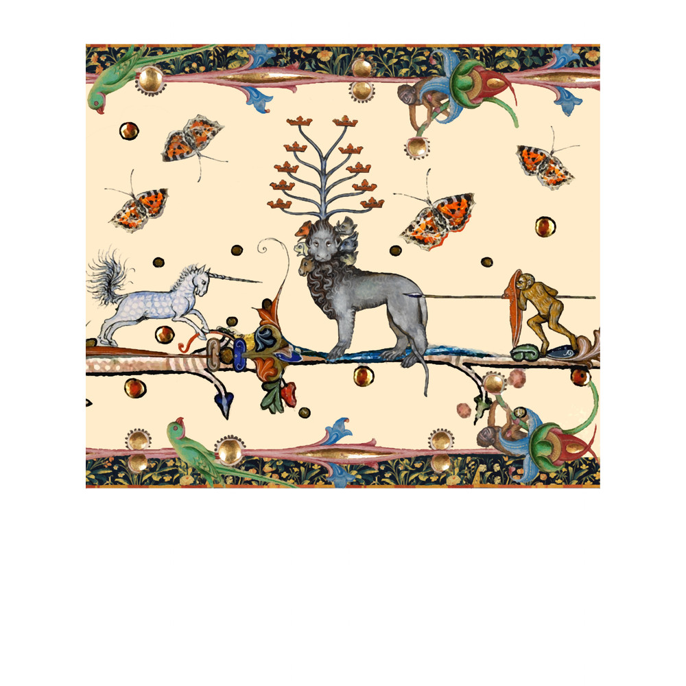 WEIRD MEDIEVAL BESTIARY COMBAT,7 HEADED APOCALIYPTIC BEAST WITH TEN HORNS,UNICORN FIGHTING MONKEY WA.png