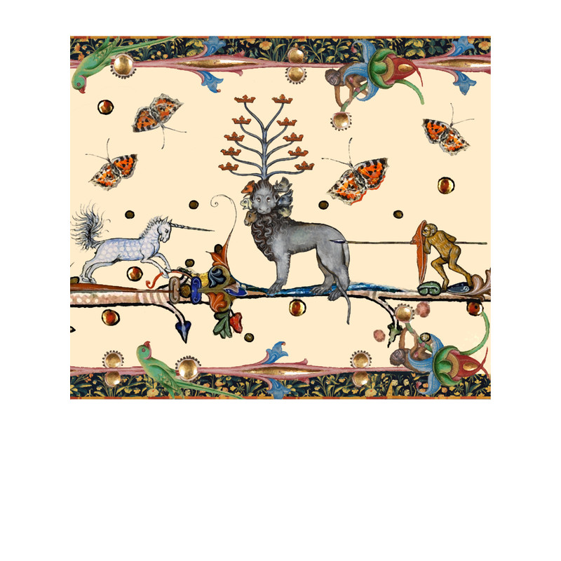 WEIRD MEDIEVAL BESTIARY COMBAT,7 HEADED APOCALIYPTIC BEAST WITH TEN HORNS,UNICORN FIGHTING MONKEY WA.png