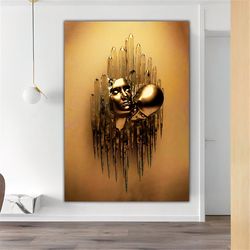 red heart love couples canvas painting, bronze glitter textured canvas print, wall decor, 3d effect painting