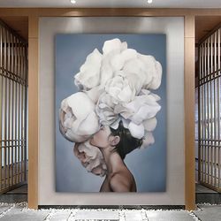 woman floral portrait, flower head woman canvas print, sexy wall art, heavenly perfection, floral head woman print