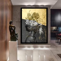 woman with flower canvas, portrait of woman with flower head, lady with rose body home decor, woman with flower poster