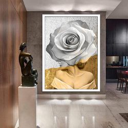 woman with flower head canvas painting, roses and woman print, flower woman poster, flowers and woman painting