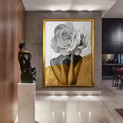 woman with flower head canvas painting, framed woman canvas print, woman poster, woman with rose body painting, framed h