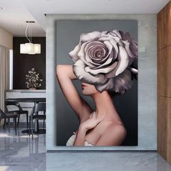 woman with flower head canvas painting, framed woman canvas print, woman poster, woman with rose body painting, framed h
