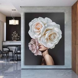 woman with flower head canvas painting, framed woman canvas print, woman poster, woman with rose body painting, framed h