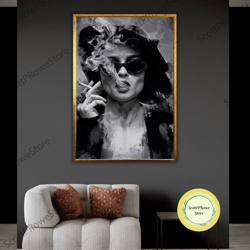 black and white canvas print, cool woman smoking artwork, female art, framed canvas ready to hang