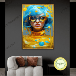 blue haired feminist canvas print, sexy woman artwork, fashion girl wall art, female art print, framed canvas ready to h