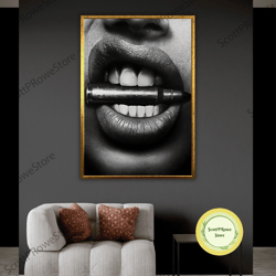 canvas print bullet between your teeth, sexy lips artwork, unique artprint, edgy wall decor, framed canvas ready to hang