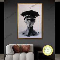 cool woman in police hat smoking canvas print, female art, sexy woman, unique artwork, framed canvas ready to hang