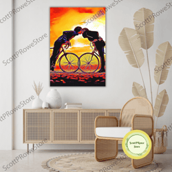 couple riding bikes canvas print, romantic lovers artwork, bicycle artprint, framed canvas ready to hang