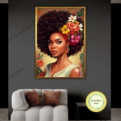 ethnic art canvas print, afro american woman art, fashion girl artwork, american wall decor, framed canvas ready to hang