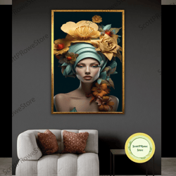 floral woman portrait canvas print, flower head artwork, elegant girl painting, fashion artprint, framed canvas ready to