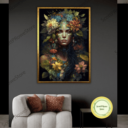 flower goddess canvas print, nature woman artwork, floral headed woman painting, botanical art print, framed canvas read