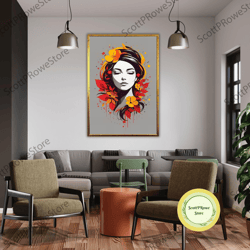 flower head woman painting canvas print, beautiful woman portrait artwork, floral artprint, framed canvas ready to hang