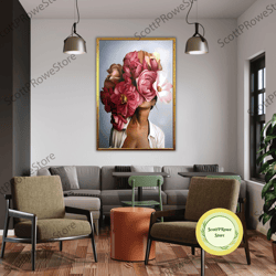 flower head woman painting canvas print, sexy woman artwork, floral artprint, framed canvas ready to hang
