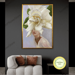 flower head woman portrait canvas print, beautiful woman artwork, fashion girl artprint, framed canvas ready to hang