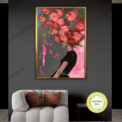 flower headed woman canvas print, floral artwork, woman integrated with flowers, artprint, fashion girl, framed canvas r