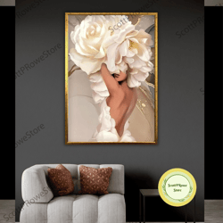 flower headed woman canvas print, sexy backed woman artwork, fashion girl artprint, female art, white rose painting, fra