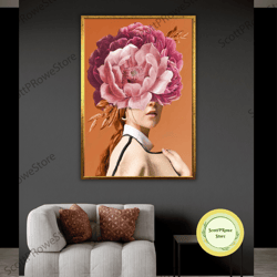 flower headed woman painting, fashion girl art, female artwork, canvas print, artprint, gift, framed canvas ready to han