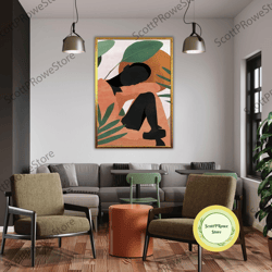 minimalist style woman painting, boho home decor, modern art, aesthetic bohemian, framed canvas ready to hang