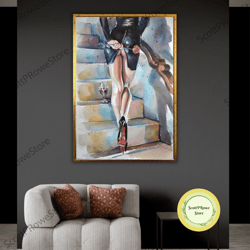 sensual woman in black mini dress canvas print, artwork, wall art - high heels, feminine decor, framed canvas ready to h