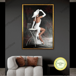 white dress photo shoot artwork, retro angel woman, canvas print, white hat decor, wall art, framed canvas ready to hang
