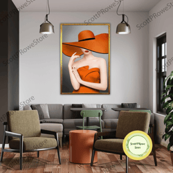 woman in orange dress painting, canvas print, artwork, ready to hang, framed canvas, framed canvas ready to hang