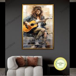 woman playing guitar on steps canvas print, street artist artwork, music lover gift, woman art wall decor, framed canvas