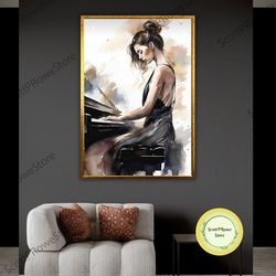 woman playing guitar painting, sexy black dress art, female art print, canvas artwork, framed canvas ready to hang