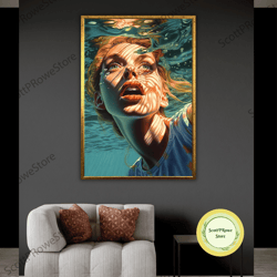 woman underwater painting, surreal female art, illustration artwork, canvas print, artprint, framed canvas ready to hang