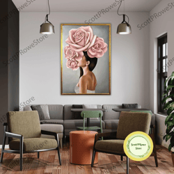 woman with flower head canvas painting, floral wall decor, art print, flower portrait, pink rose head artwork, framed ca