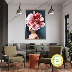 woman with flower head canvas painting, floral wall decor, art print, pink rose head artwork, framed canvas ready to han