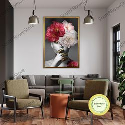 woman with flower head canvas print, floral artwork, flower painting, wall art, artprint, framed canvas ready to hang