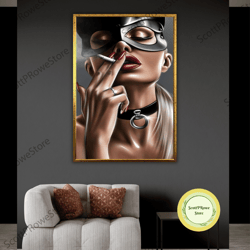 smoking woman canvas print, seductive artwork, sensual black mask art, wall art, home decor, framed canvas ready to hang