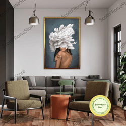 woman with flower head canvas print, roses artwork, ready to hang poster, floral wall decor, framed canvas ready to hang