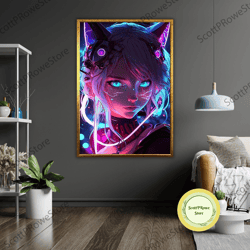 anime cat girl art canvas, japanese manga wall decor, otaku gift, cartoon car poster